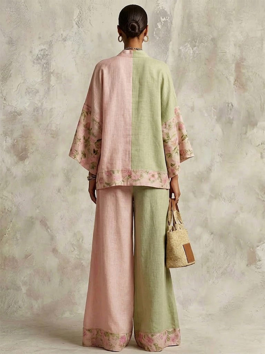 Pink Green Color Block Floral Print Linen Blend V-neck Wide Sleeve Top Wide Leg Pants 2-piece Set