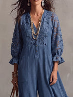 Vintage Elegant Waffle Patchwork Cutout Lace Jumpsuit