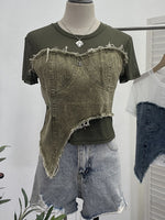Stylish Casual Denim Top With Stretch Mesh Paneling