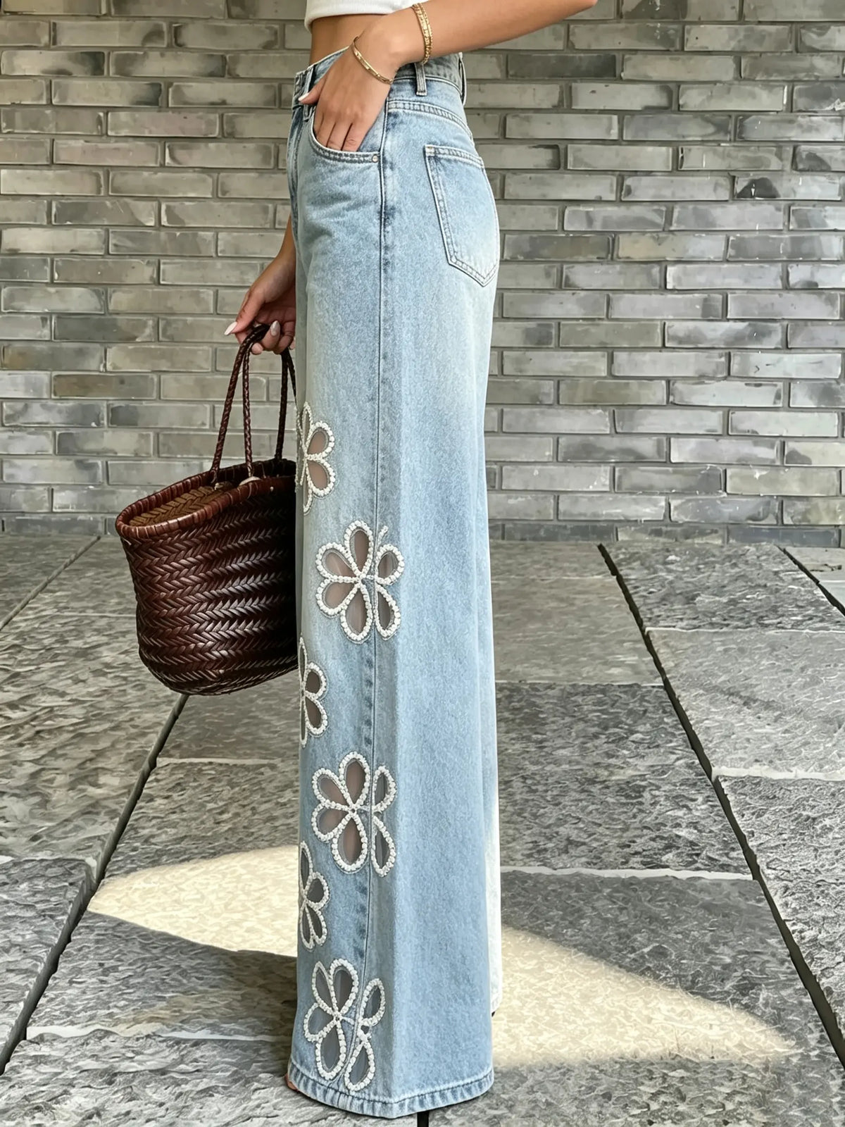 Women's Hollow Floral Embroidered Washed Denim Wide Leg Pants