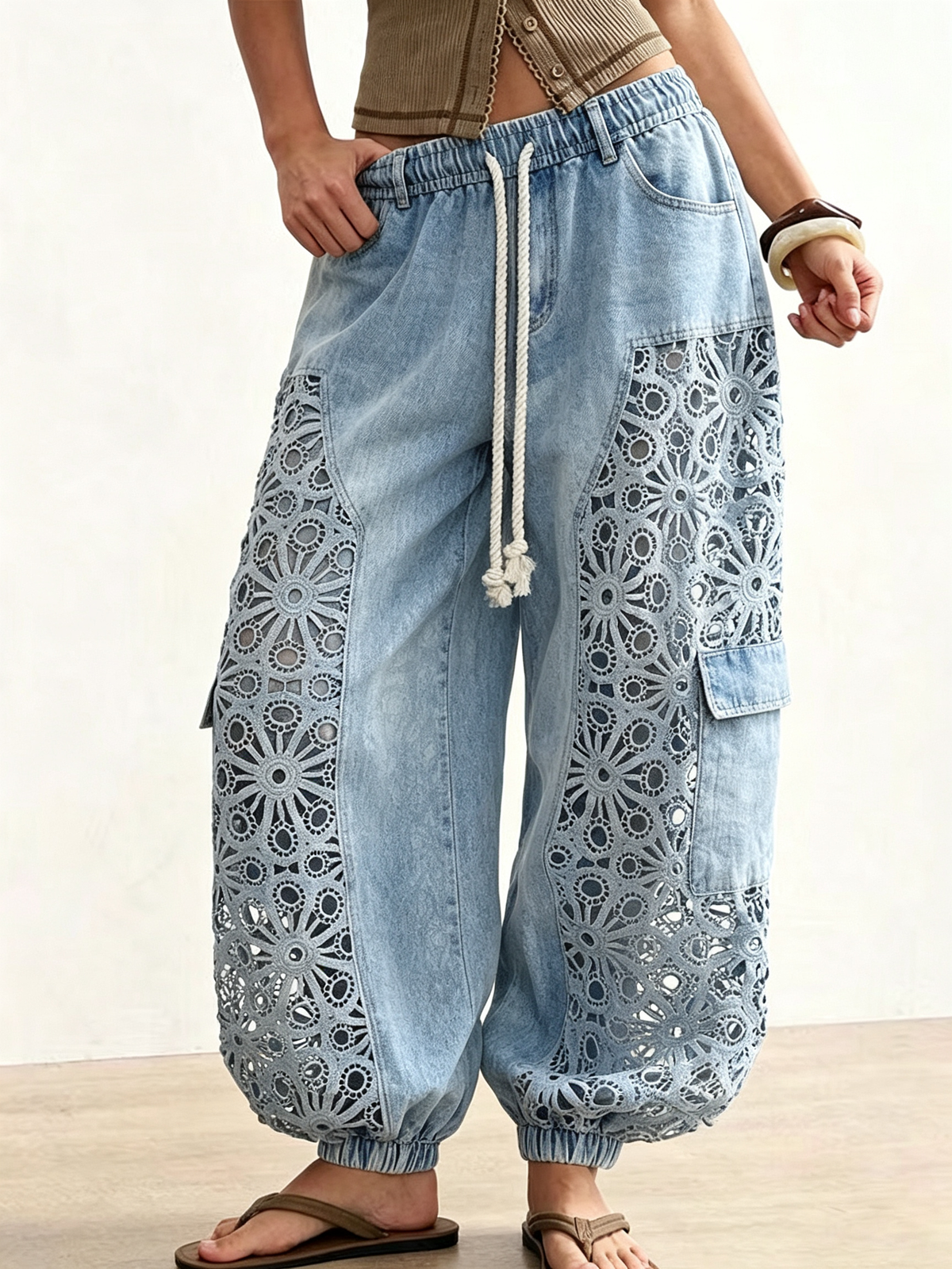 Women's Drawstring Balloon Jeans with Lace Panels