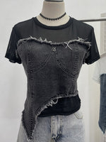 Stylish Casual Denim Top With Stretch Mesh Paneling