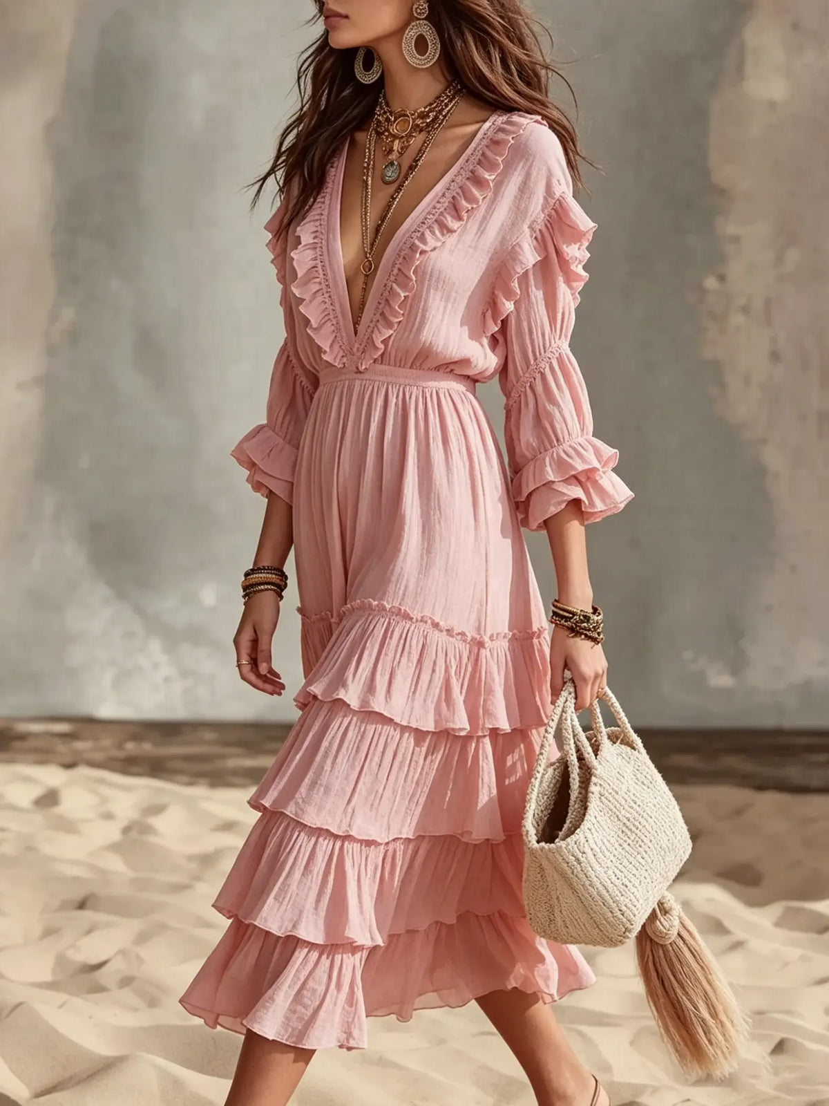 Women's Deep V-Neck Tiered Ruffle Midi Dress