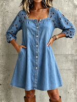Boho-chic Square-neck Denim Dress With Floral-embroidered Sleeves