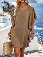 Women's Solid Color V-neck Short-sleeve Casual Loose Cotton-linen Dress