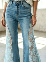 Women's Solid Floral Lace Spliced Denim Flare Pants