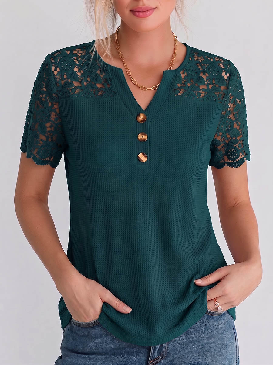 Women's Solid Color V-neck Waffle-knit Pullover With Lace Embroidery Panel – Casual Loose Fit