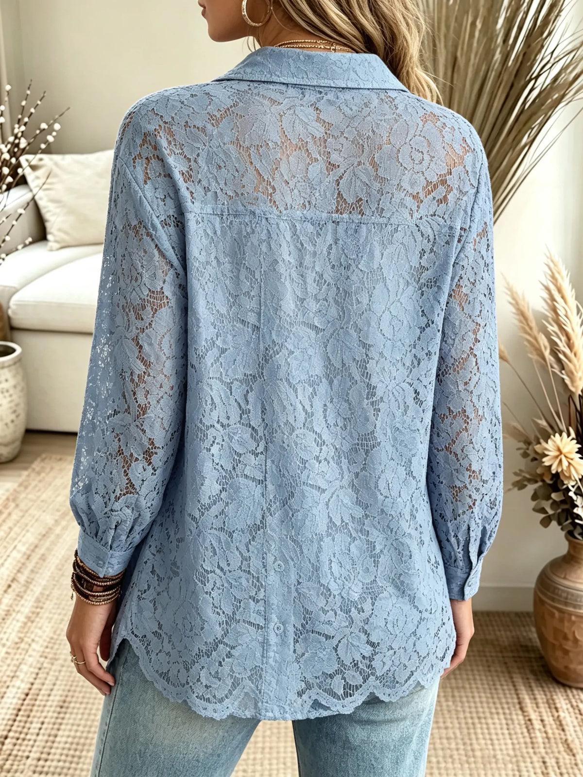 Women's Sheer Floral Lace Button-Down Shirt