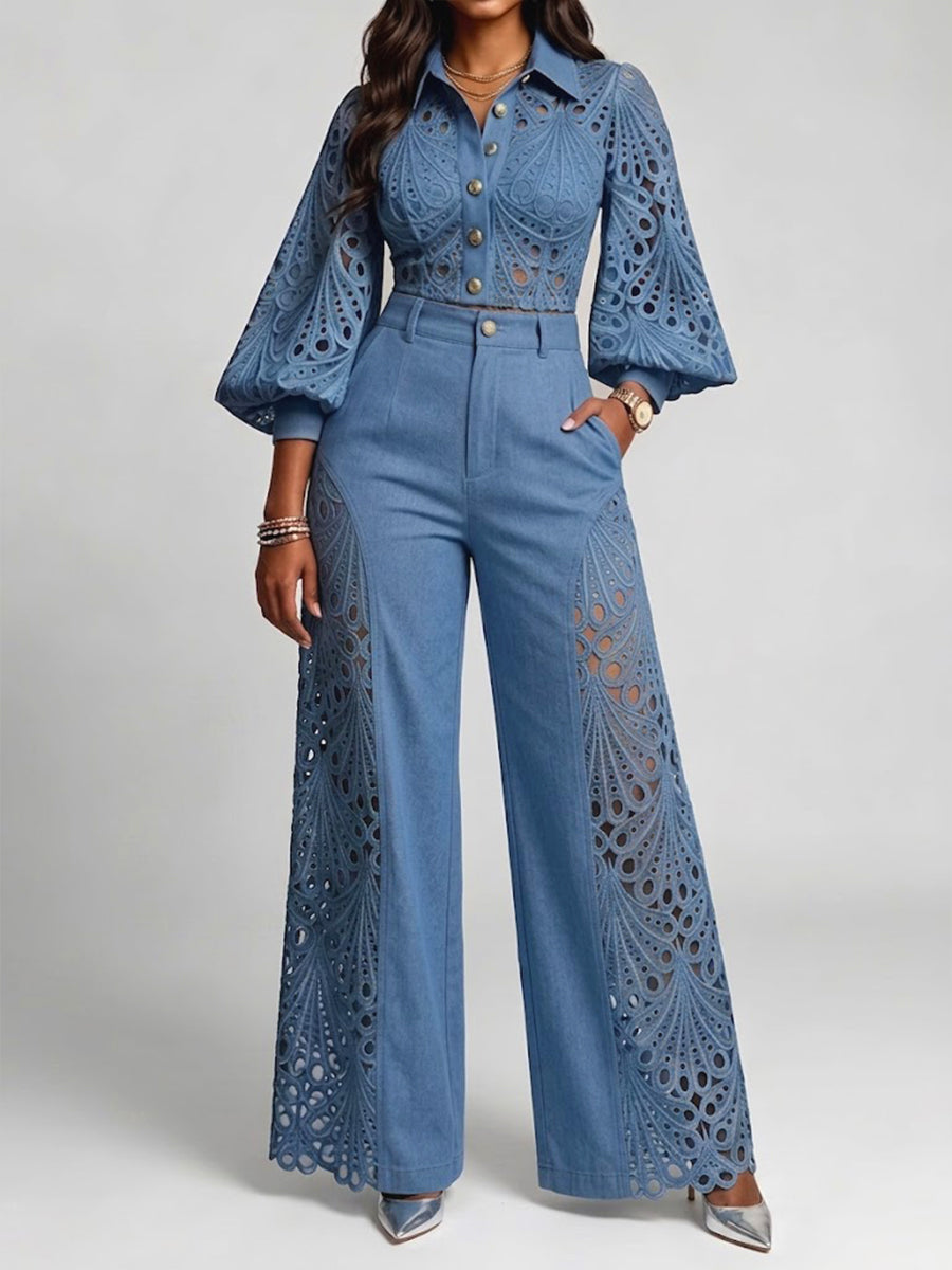 Casual Two-piece Set: Lace-paneled Denim Shirt And Trousers