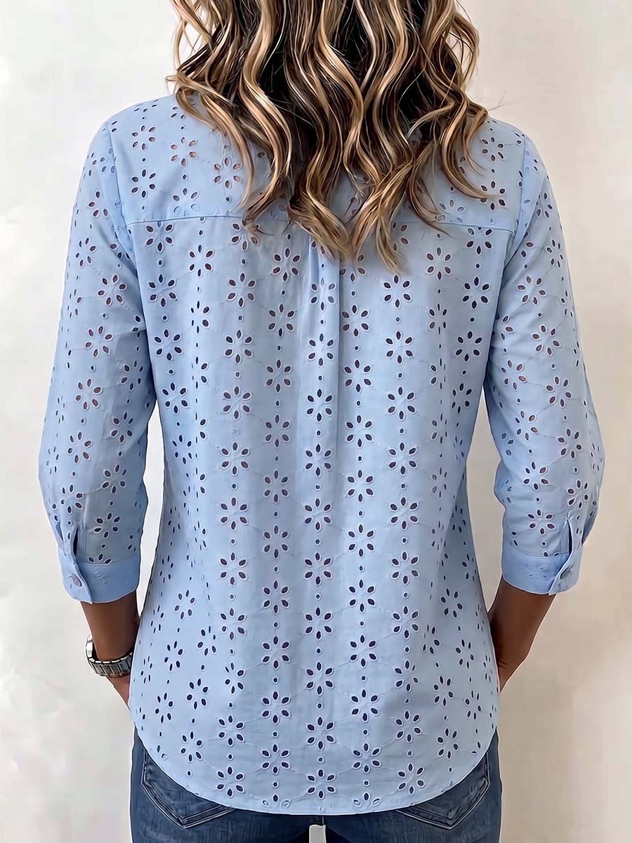 Women's Solid-color Collared 3/4 Sleeve Casual Loose Embroidered Cotton Shirt