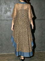 Women’s Leopard Print Chiffon Denim Spliced High Low Batwing Kimono Tunic Top