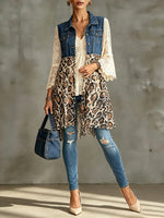 Women's Leopard Print Lace Spliced Long Denim Vest