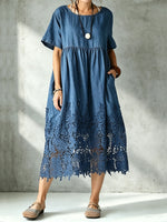 Women's Round Neck Short Sleeve Denim Midi Dress With Hollow Lace Hem & Pockets