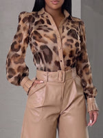 Lotus-leaf V-neck Snakeskin-print Chiffon Shirt