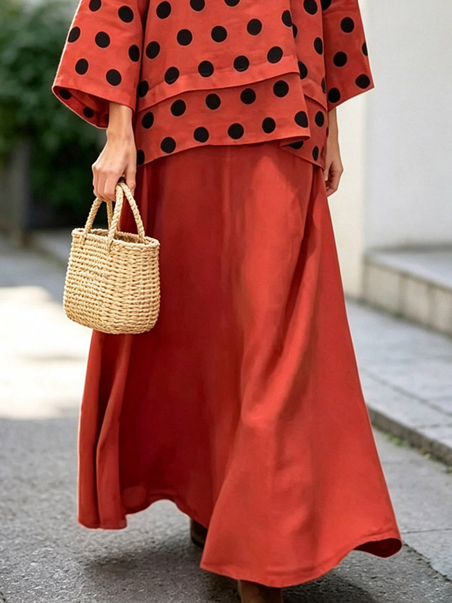 Retro Polka Dot Casual Cowl Neck Top And Skirt Cotton And Linen Two-piece Set