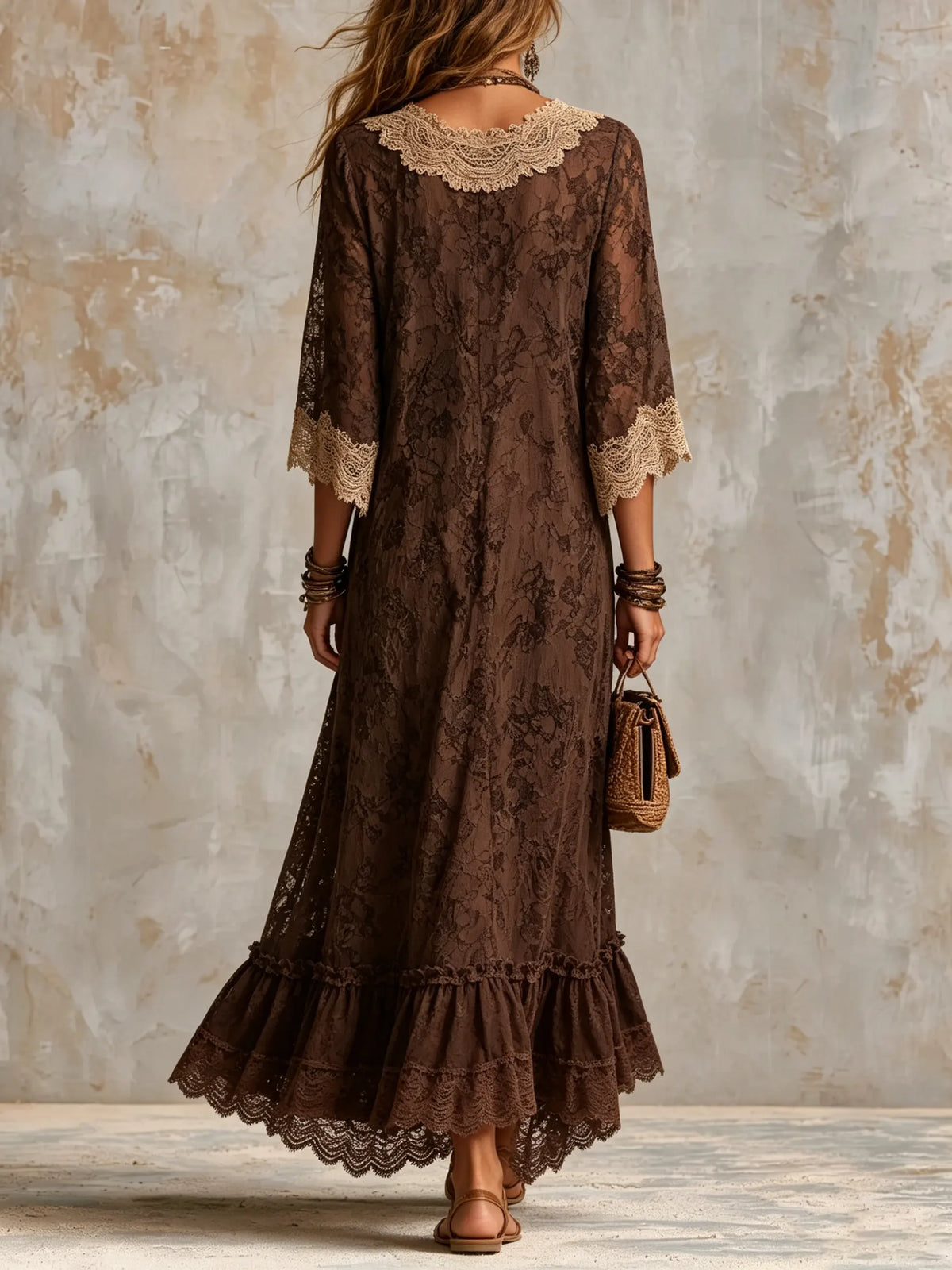 Women's Bohemian Floral Lace Ruffle Maxi Dress