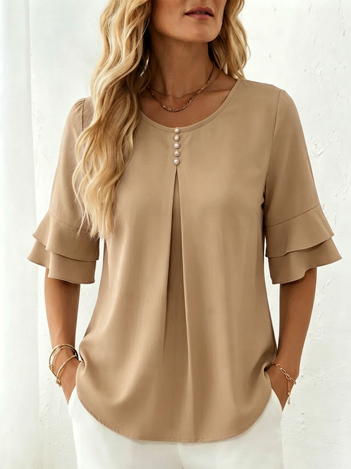 Loose-fit, Slimming Short-sleeved Shirt With Double-layer Ruffles