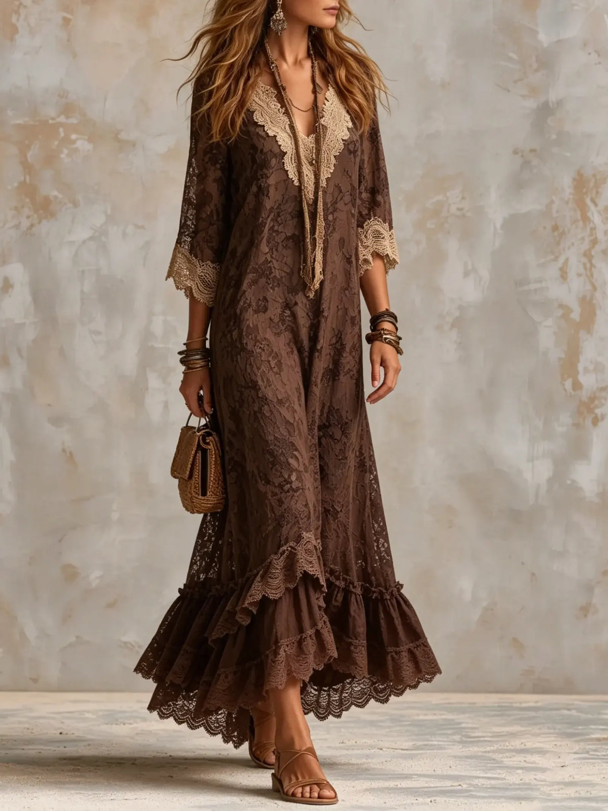 Women's Bohemian Floral Lace Ruffle Maxi Dress