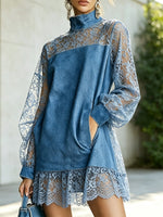 Denim & Lace Patchwork Hollow Loose Art Casual Stylish Long Sleeve Short Dress
