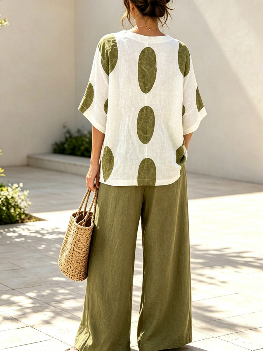 Geometric V-collar Art Casual Top And Wide Leg Pants Cotton Linen Two-piece Set