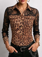 Women's Leopard Print Long-sleeve Casual Loose Shirt With Lace Paneling And Collar