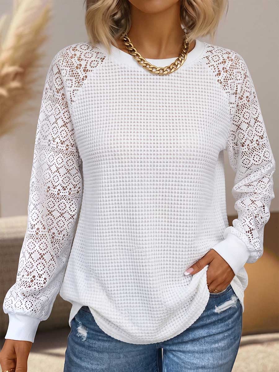 Women's Solid Color Crew Neck Long-sleeve Loose-fit Cut-out Knit-panel Pullover