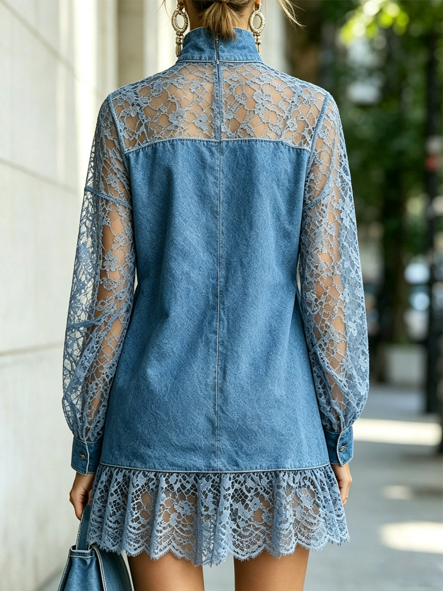 Denim & Lace Patchwork Hollow Loose Art Casual Stylish Long Sleeve Short Dress