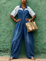 Elegant Chic Floral Lace-panel Knit Jumpsuit