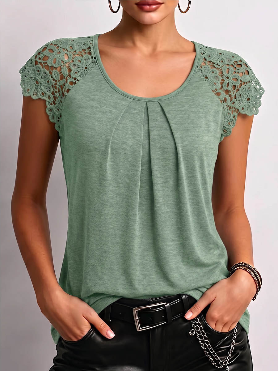 Women's Solid-color Crew Neck Short-sleeve Casual Loose Lace-panel Top