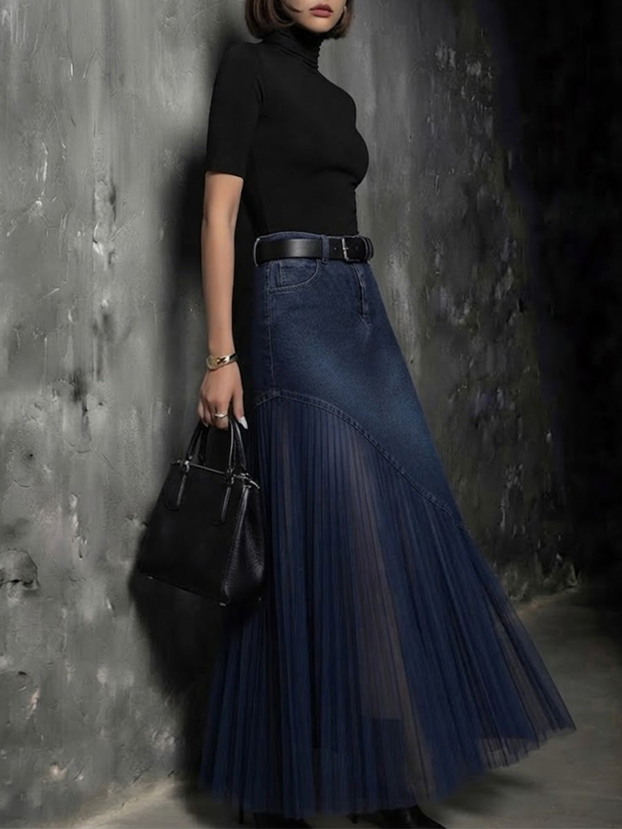 High Waist Diagonal Splice Denim Tulle Pleated Maxi Skirt