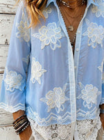 Women’s Boho 3/4 Sleeve Floral Embroidery Lace Hem Button Up Shirt