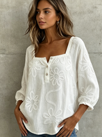 Boho Floral Embroidered Square-neck Cotton Blouse