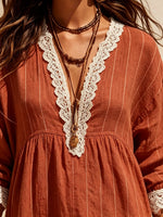 Women's Striped V-Neck Lace-Trim Midi Dress