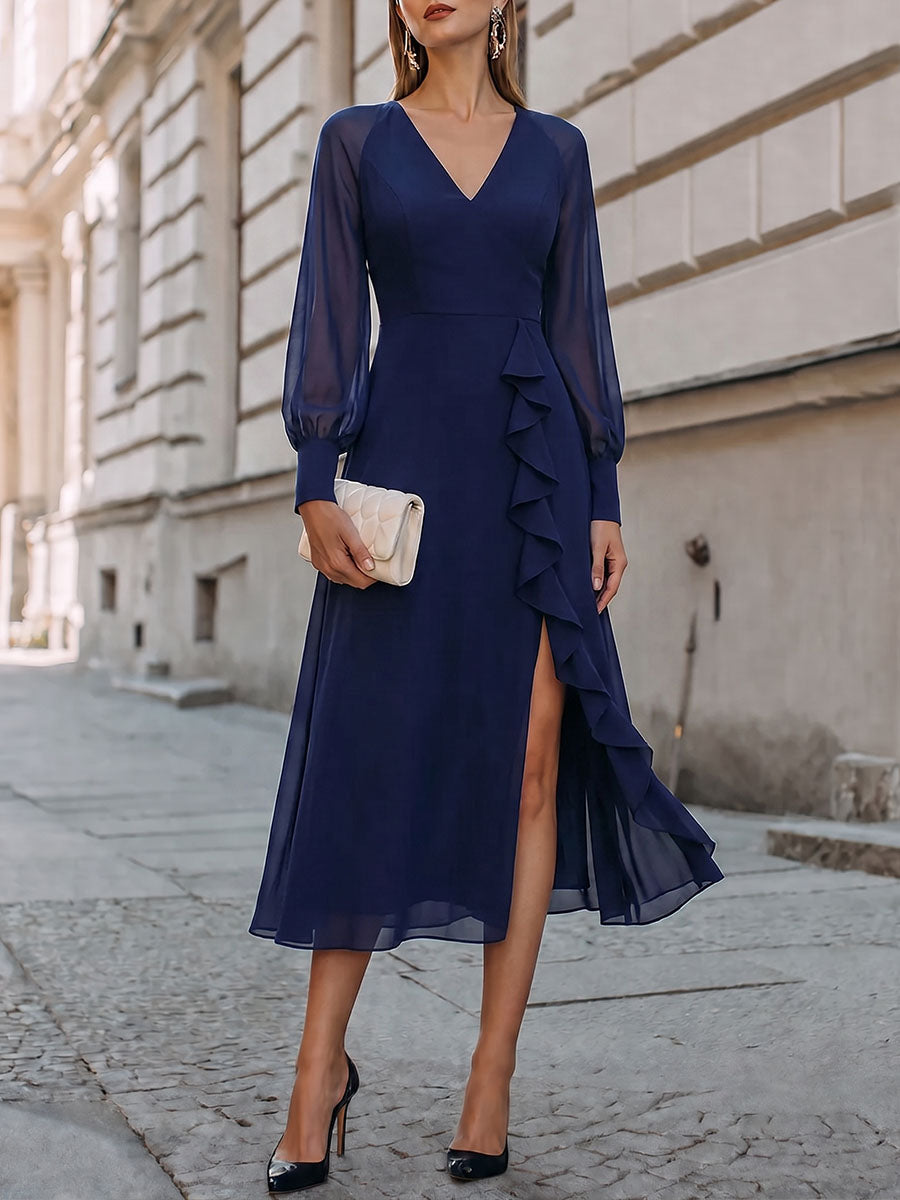 Women's Solid Color V-neck Long-sleeve Loose Casual Chiffon Dress