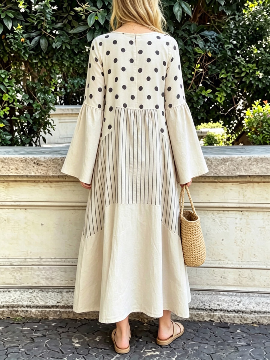 Women's Polka Dot Loose Art Casual Long Sleeve Cotton Linen Dress