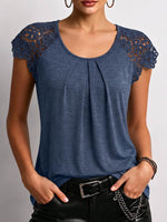 Women's Solid-color Crew Neck Short-sleeve Casual Loose Lace-panel Top