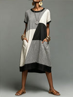 Women’s Geometric Color Block Grid Linen Blend Midi Dress With Pockets