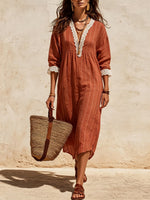 Women's Striped V-Neck Lace-Trim Midi Dress