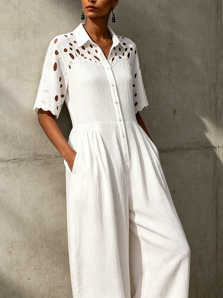 Elegant Vintage Floral Embroidered Patchwork Cotton Jumpsuit