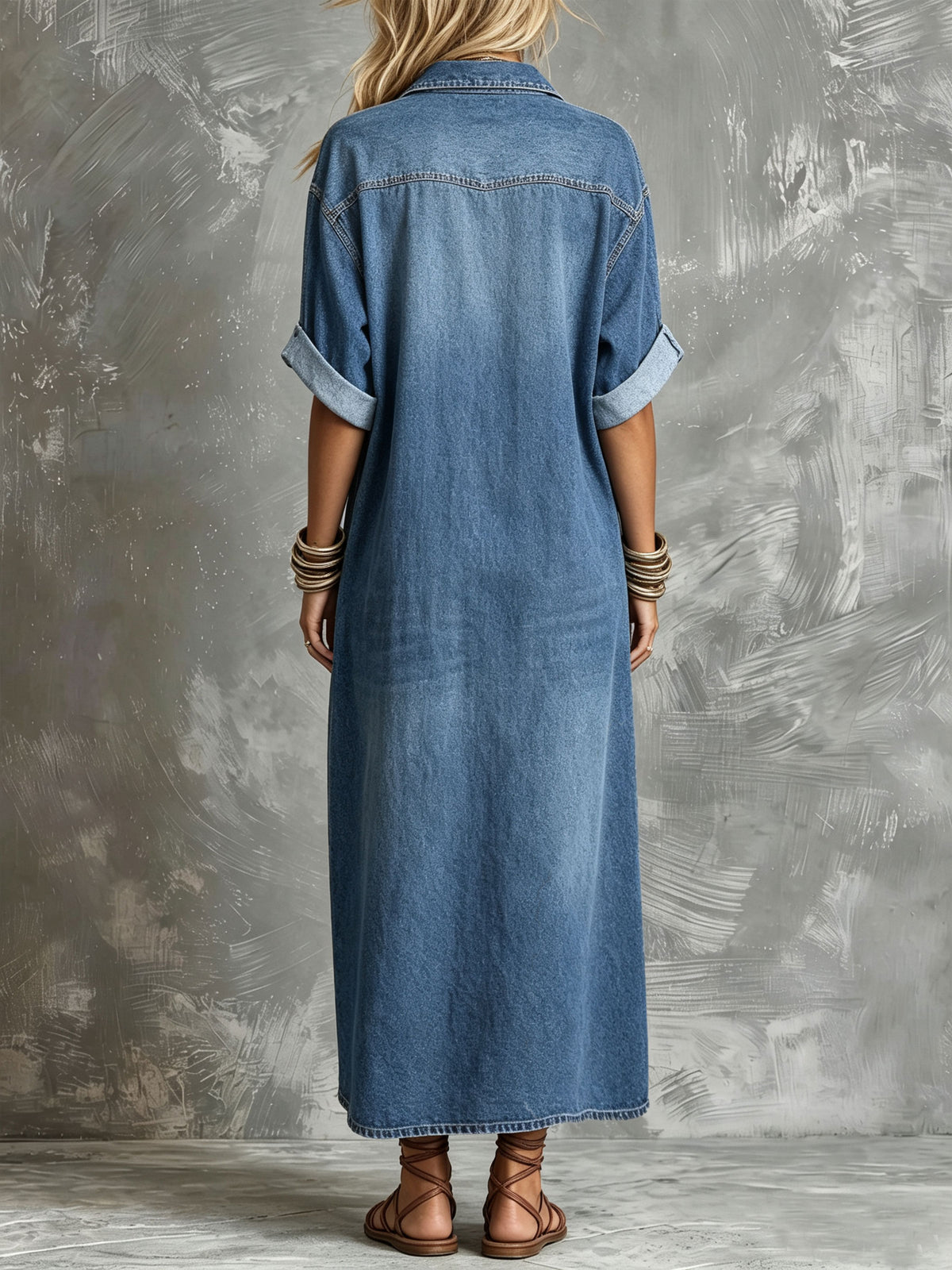 Women's Oversized Roll Cuff Pocket Long Denim Shirt Maxi Dress