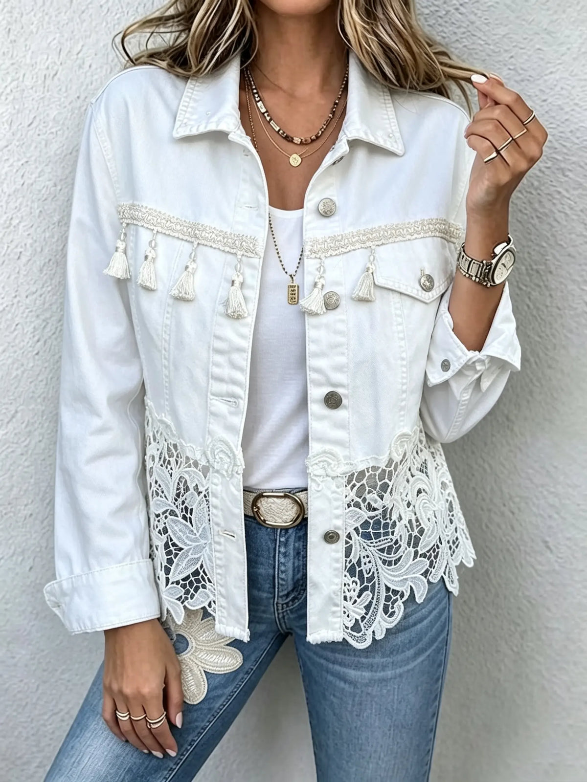 Women's Denim Lace Fringe Jacket