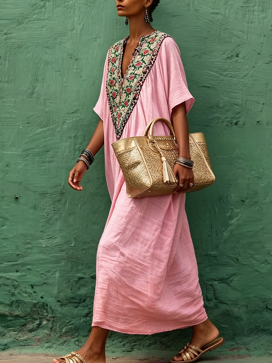 Bohemian Floral Print Cotton-linen Kaftan Maxi Dress