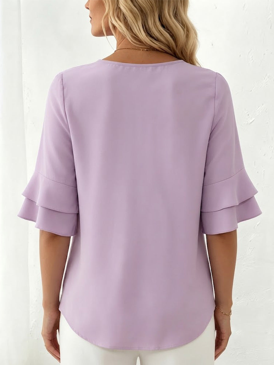 Loose-fit, Slimming Short-sleeved Shirt With Double-layer Ruffles