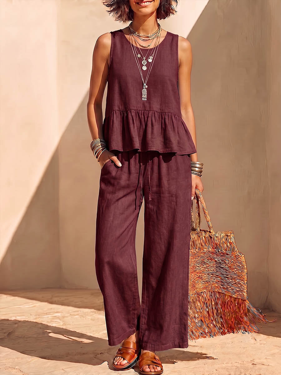 Women's Solid-color Cotton-linen Set: Sleeveless Round-neck Loose-fit Top & High-waisted Wide-leg Pants