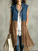 Women’s Denim Sleeveless Vest With Leopard Chiffon Long Hem Patchwork Cardigan