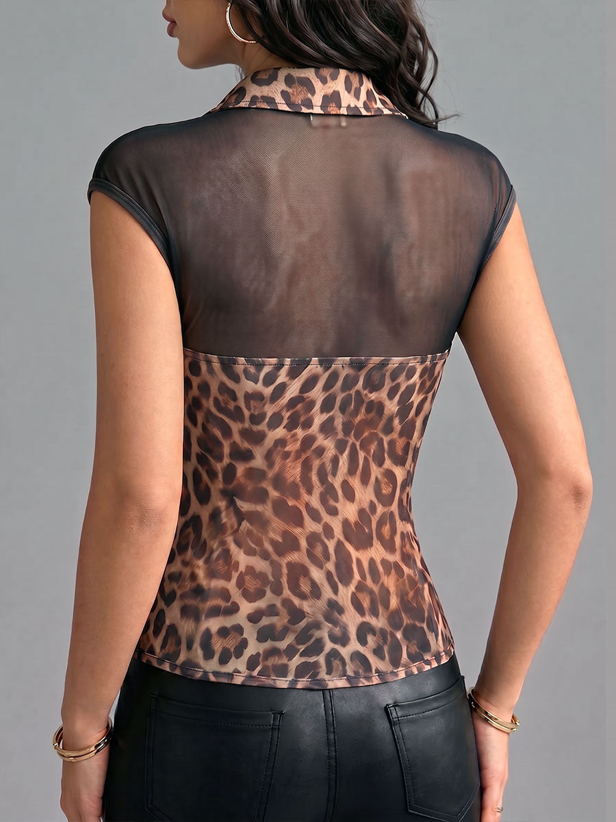 Women's Leopard Print Sleeveless Casual Loose Mesh-panel Top With Collar