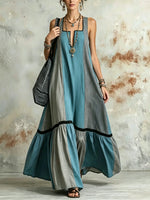 Women Contrast Solid Stripe Patchwork Square Neck Sleeveless Maxi Dress