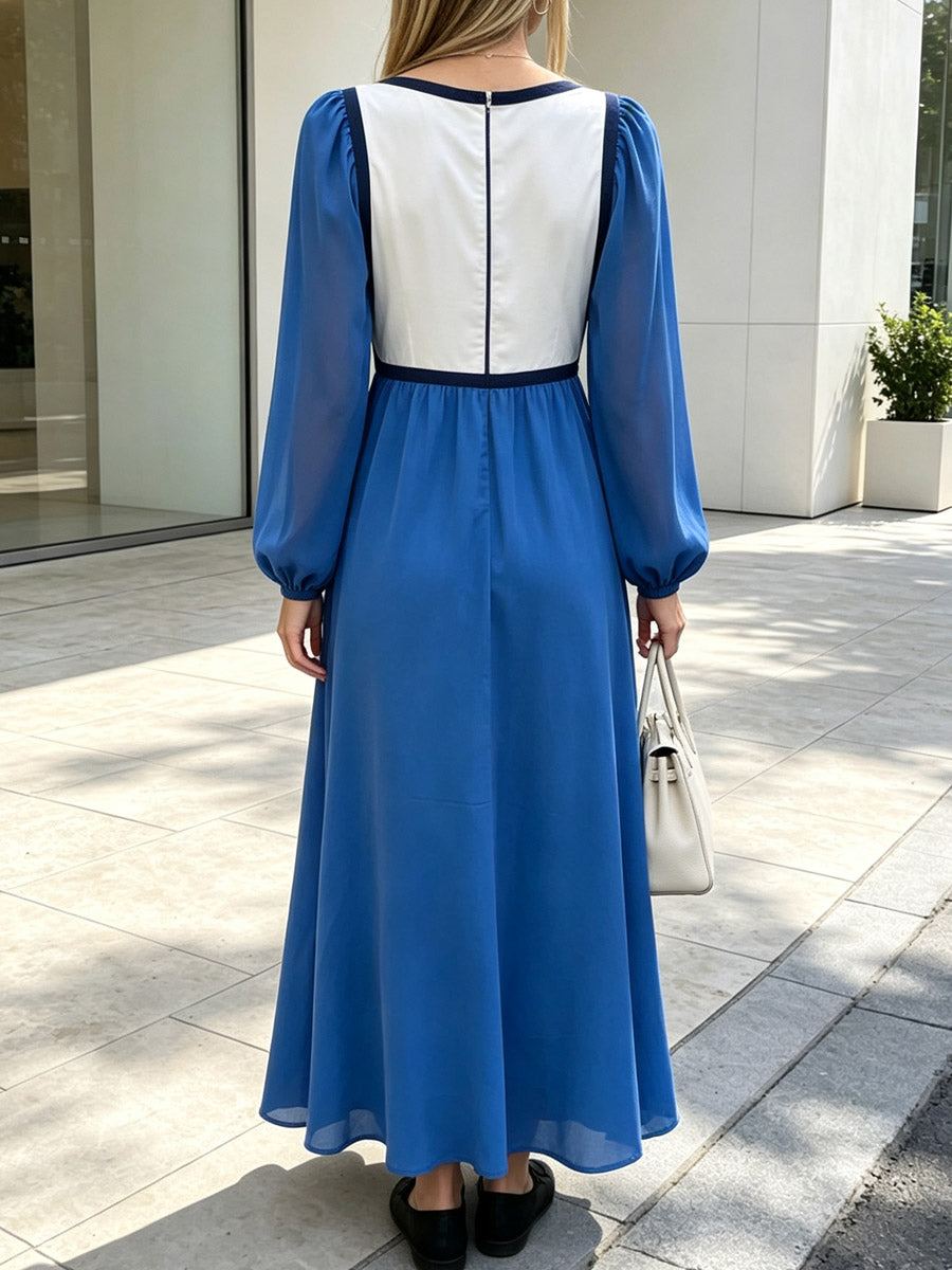 Chic Color Block V-Collar Loose Art Casual Long Sleeve Dress