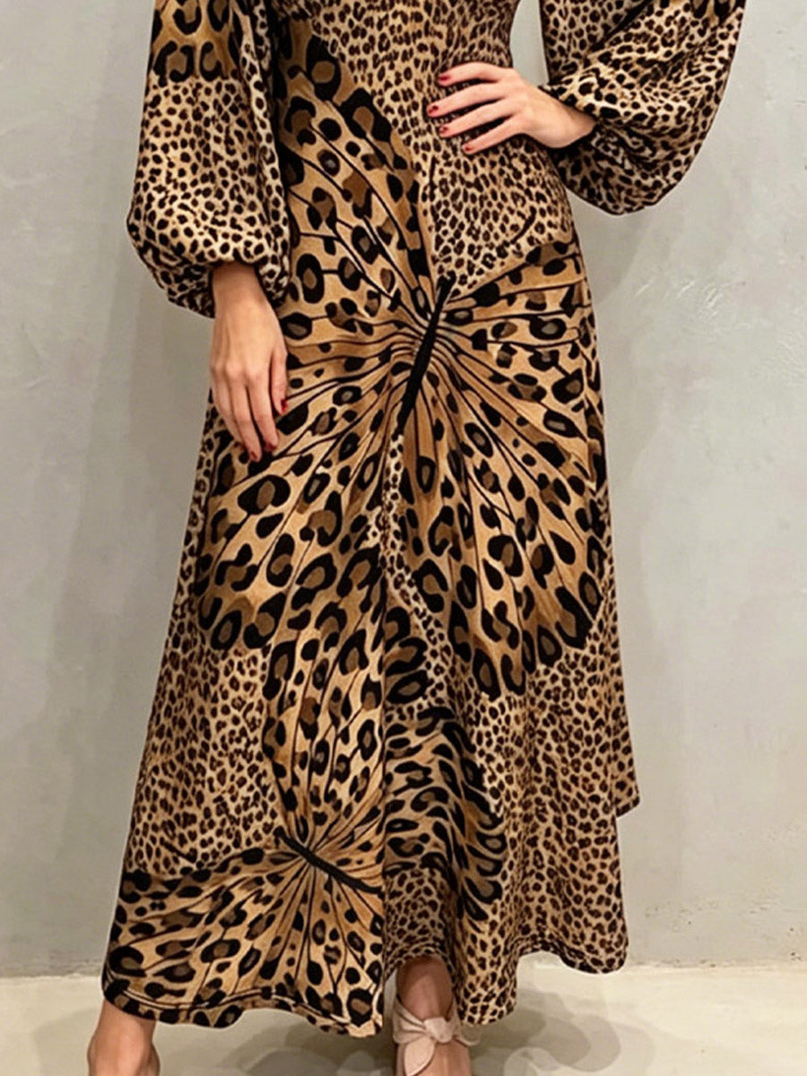 Women's Butterfly Leopard Pattern Loose Art Casual Stylish Long Sleeve Dress