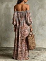 Women's Off Shoulder Puff Sleeve Pink Leopard Print Flowy Maxi Dress With Pockets